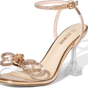 Women's Clear Square Toe Rhinestone Bow Heels Slingback Prom Evening Shoes
